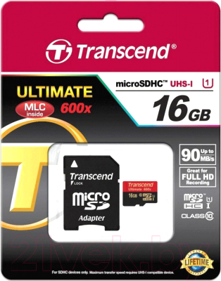 Карта памяти Transcend microSDHC (Class 10) UHS-I 16GB + SD адаптер (TS16GUSDHC10U1)