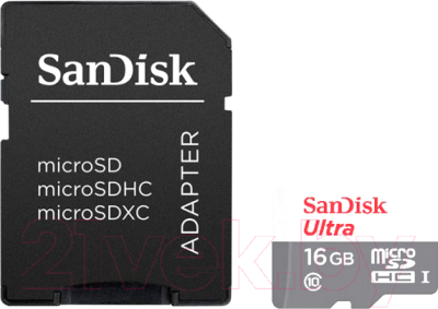 Карта памяти SanDisk Ultra MicroSDHC Class10 16GB + адаптер (SDSQUNS-016G-GN3MA)