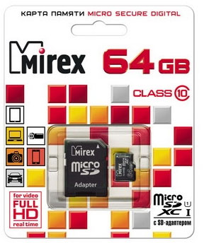 

Карта памяти Mirex, microSDXC UHS-I (Class 10) 64GB (13613-AD10SD64)