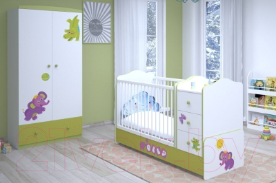 Детская кровать-трансформер Polini Kids Basic Elly с комодом 170x60 (белый/зеленый)