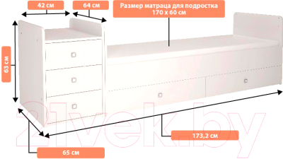 Детская кровать-трансформер Polini Kids Simple 1100 с комодом (белый)
