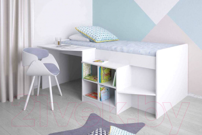 Кровать-чердак Polini Kids Simple 4000 со столом и полками (белый)