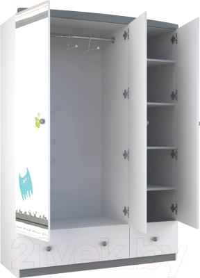 Шкаф Polini Kids Basic Монстрики трехсекционный (белый/серый)