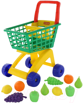 Тележка игрушечная Полесье №7 с набором продуктов / 61911 (зеленый/желтый)