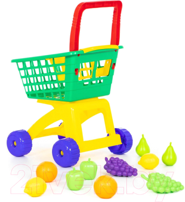 Тележка игрушечная Полесье №7 с набором продуктов / 61911 (зеленый/желтый)