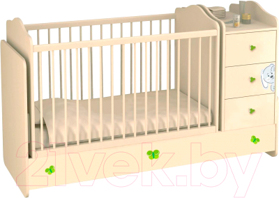 Детская кровать-трансформер Polini Kids Зайки с комодом (бежевый/зеленый)