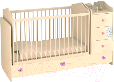 Детская кровать-трансформер Polini Kids Зайки с комодом (бежевый/розовый)