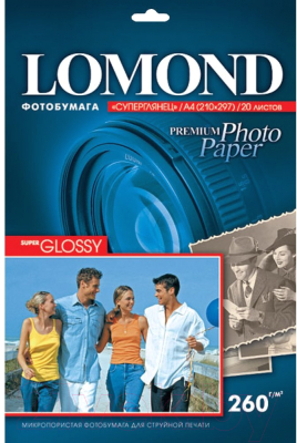 Фотобумага Lomond А4, 260 г/м, 20 л. / 1103101 (суперглянцевая)