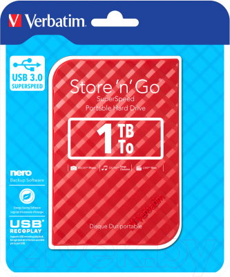 Внешний жесткий диск Verbatim Store 'n' Go USB 3.0 1TB красный (53203)