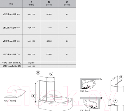 Стеклянная шторка для ванны Ravak CVSK1 Rosa 160/170 L (7QLS0C00Y1)