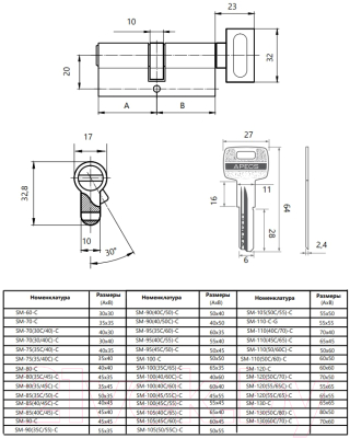 Цилиндровый механизм замка Apecs SM-130(60С/70)-C-NI