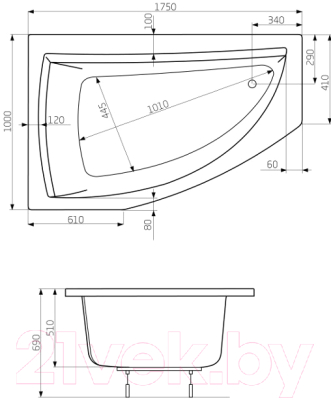 Ванна акриловая Poolspa Aquamarina 175x100 R Smart 2 / PHAI510ST2C0000