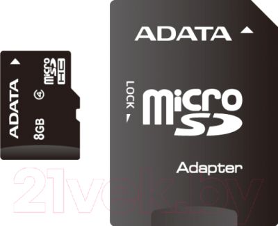 Карта памяти A-data microSDHC (Class4) 8GB + SD адаптер (AUSDH8GCL4-RA1)