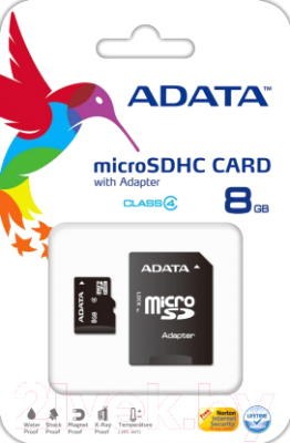 Карта памяти A-data microSDHC (Class4) 8GB + SD адаптер (AUSDH8GCL4-RA1)