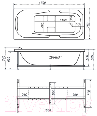 Ванна акриловая Triton Диана 170x75 Базовая (с гидромассажем)