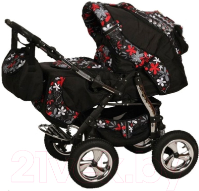 Детская универсальная коляска Aneco Fox 2 в 1 (черный/красные цветы)