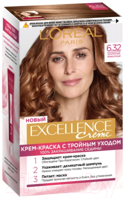 

Крем-краска для волос L'Oreal Paris, Рыжий;шатен, Color Excellence 6.32