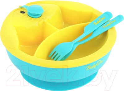 Набор посуды для кормления BabyOno С подогревом и присоской 6м+ / 237 (желтый/голубой)