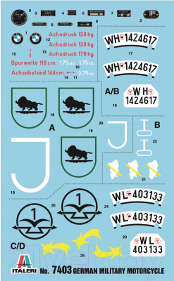 Сборная модель Italeri Немецкий военный мотоцикл с коляской 1:9 / 7403