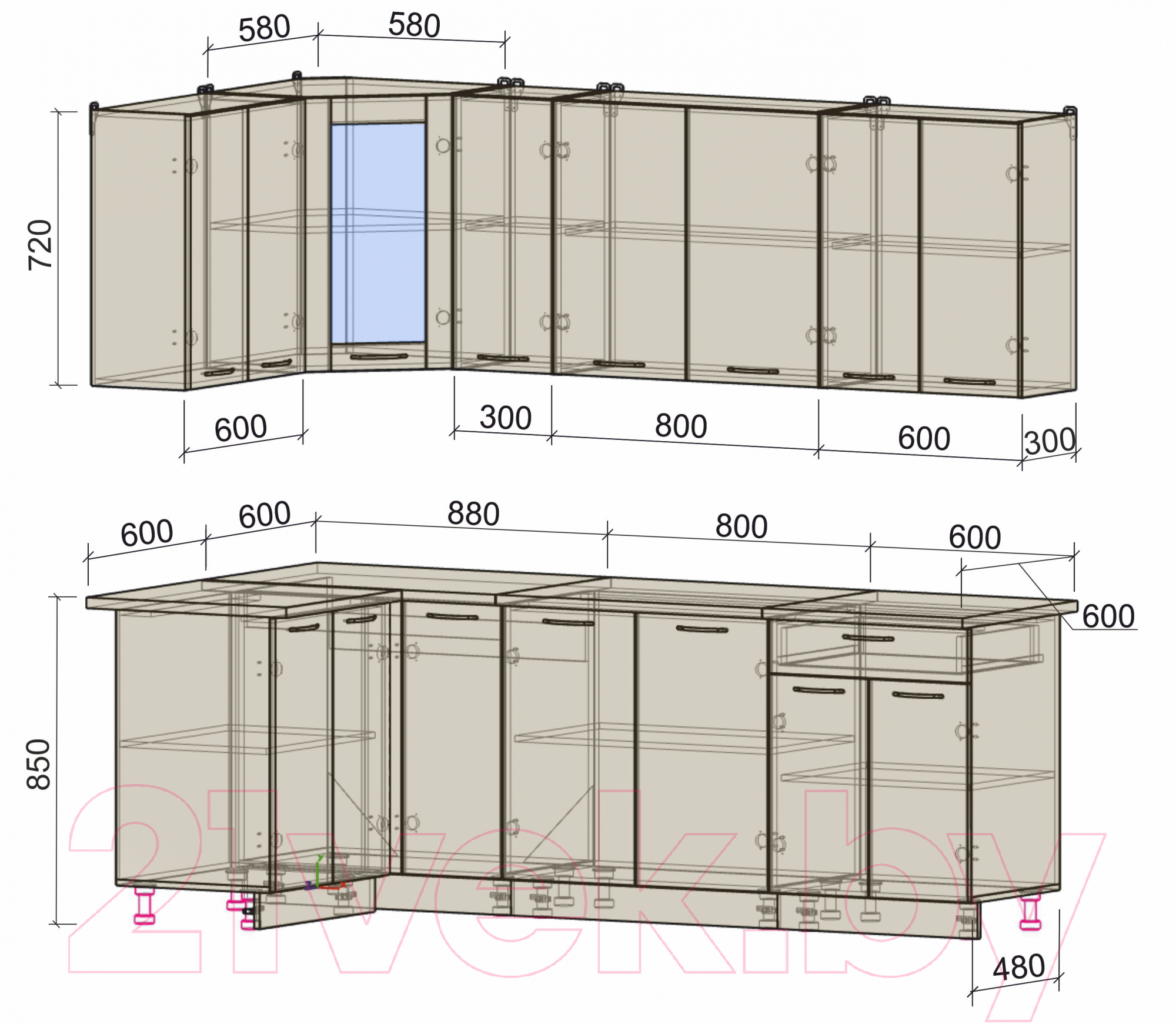 Готовая кухня Интерлиния Мила 12x23 (антрацит/вудлайн кремовый)