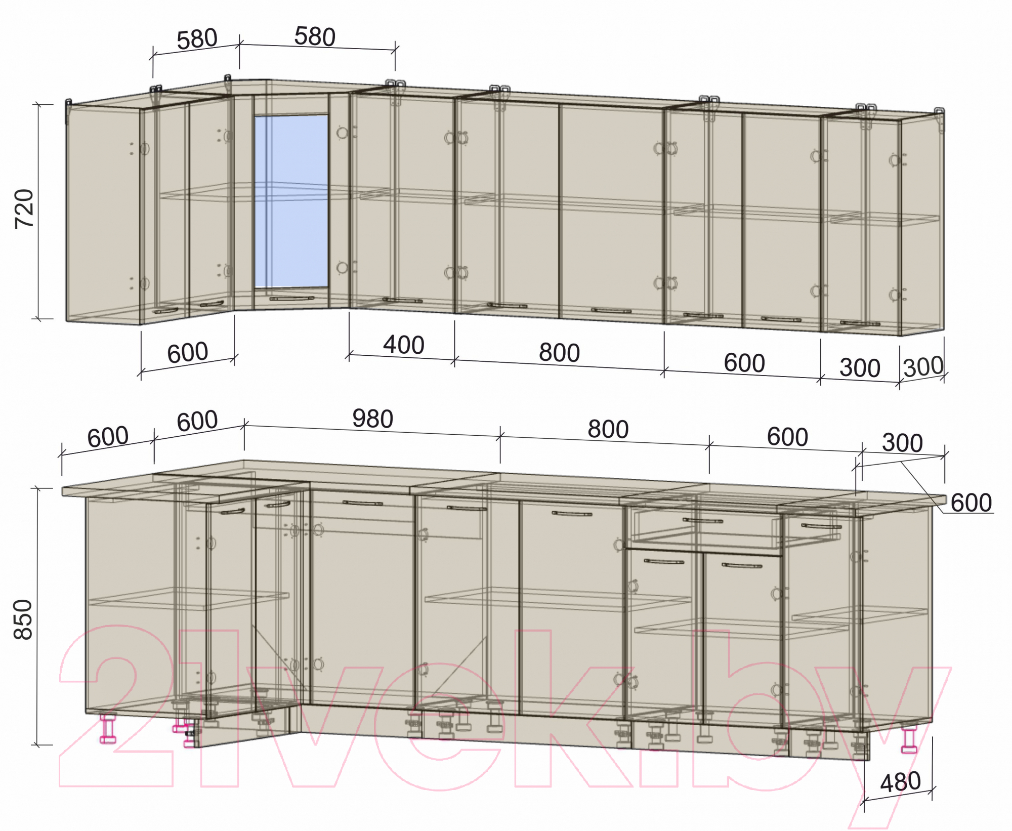 Готовая кухня Интерлиния Мила 12x27 (антрацит/вудлайн кремовый)