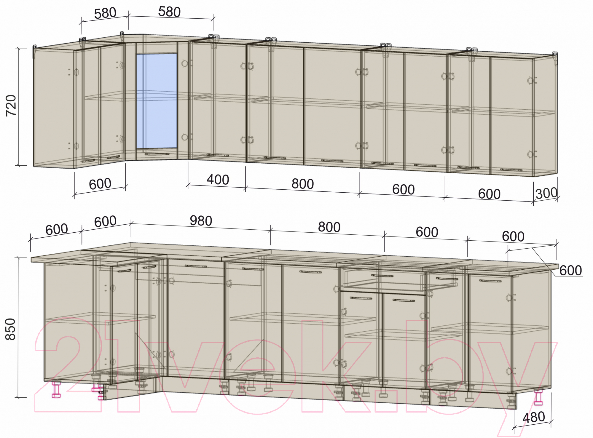 Готовая кухня Интерлиния Мила 12x30 (антрацит/вудлайн кремовый)