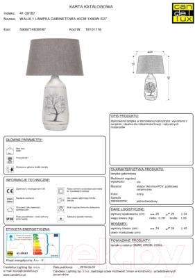 Прикроватная лампа Candellux Walia 41-39187