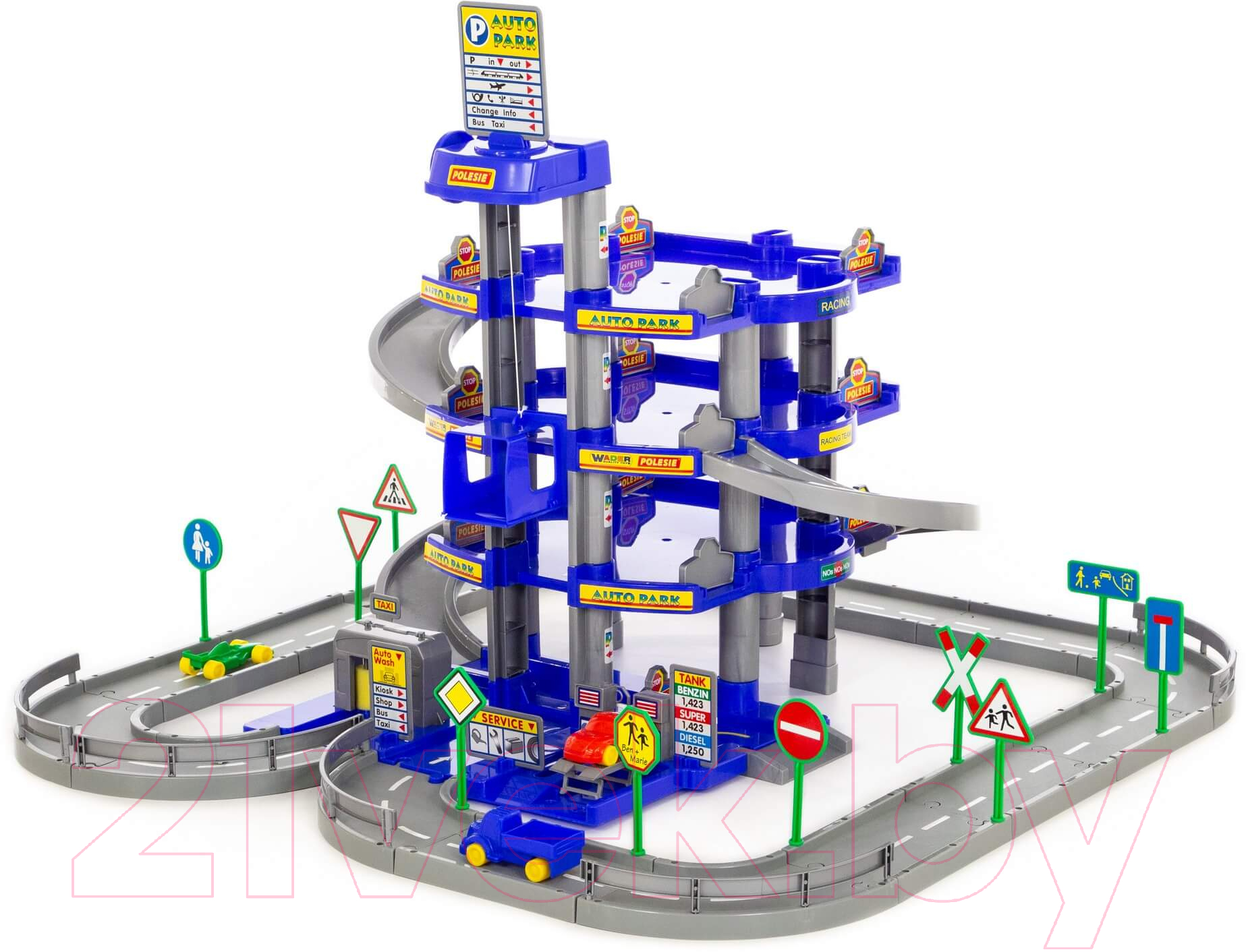 Паркинг игрушечный Полесье 4-уровневый с дорогой и автомобилями / 44716 (синий, в коробке)