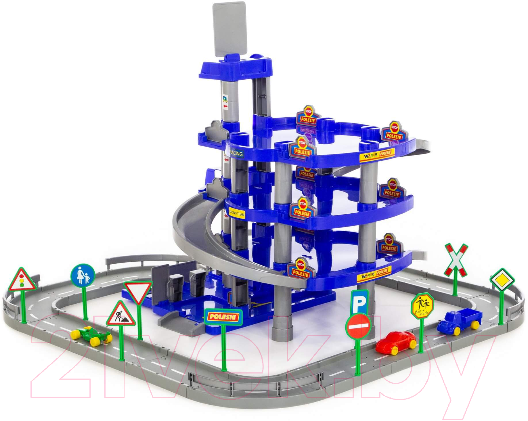 Паркинг игрушечный Полесье 4-уровневый с дорогой и автомобилями / 44716 (синий, в коробке)