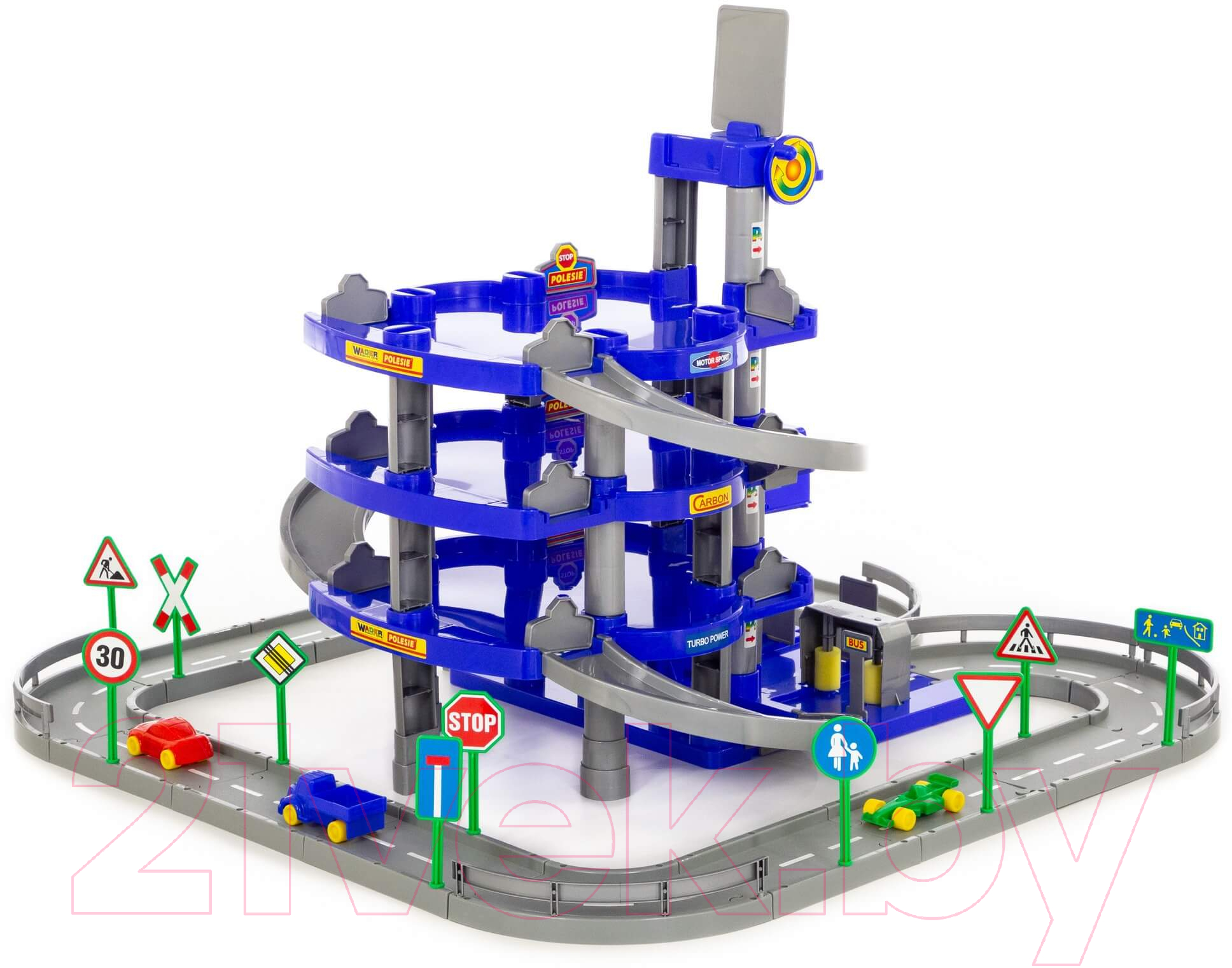 Паркинг игрушечный Полесье 4-уровневый с дорогой и автомобилями / 44716 (синий, в коробке)