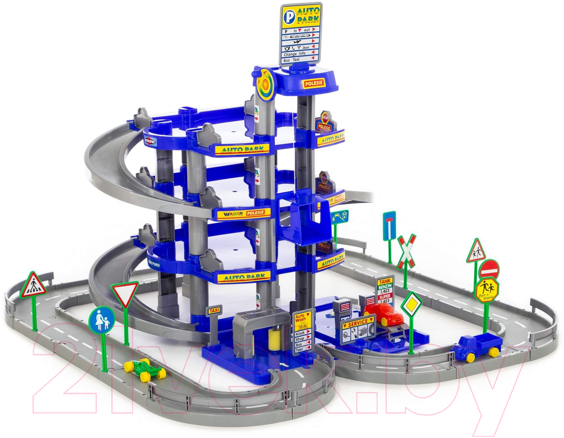 Паркинг игрушечный Полесье 4-уровневый с дорогой и автомобилями / 44716 (синий, в коробке)