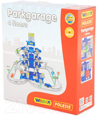 Паркинг игрушечный Полесье 4-уровневый с дорогой и автомобилями / 44716 (синий, в коробке)