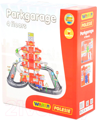Паркинг игрушечный Полесье 4-уровневый с дорогой и автомобилями / 44723 (красный, в коробке)