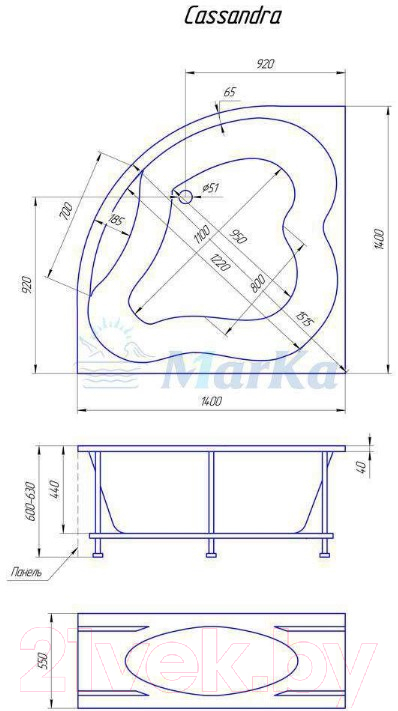 Ванна акриловая 1Марка Cassandra 140x140