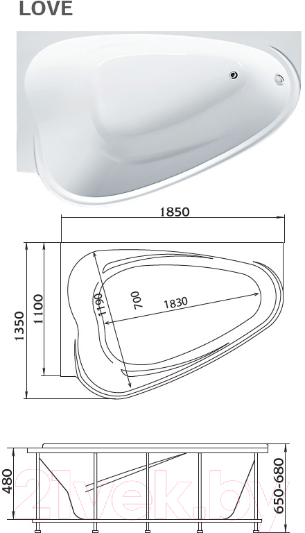 Ванна акриловая 1Марка Love 185x135 R