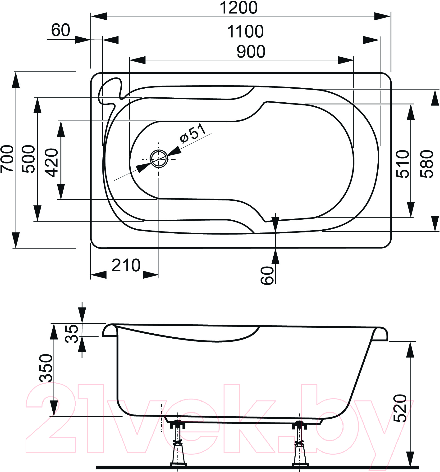 Ванна акриловая VagnerPlast Nike 120x70 / VPBA127NIK2E-04