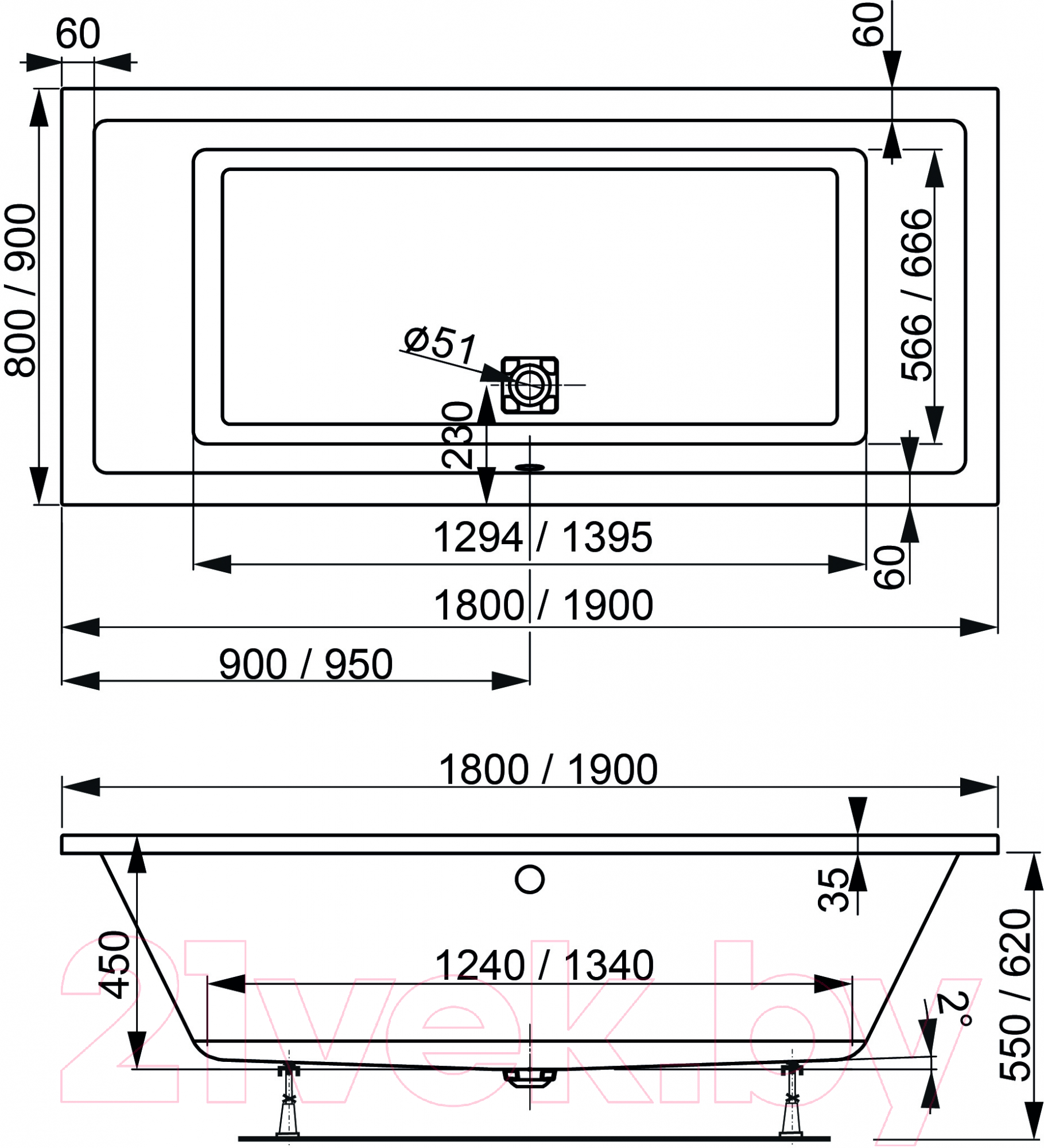 Ванна акриловая VagnerPlast Cavallo 180x80 / VPBA180CAV2X-04