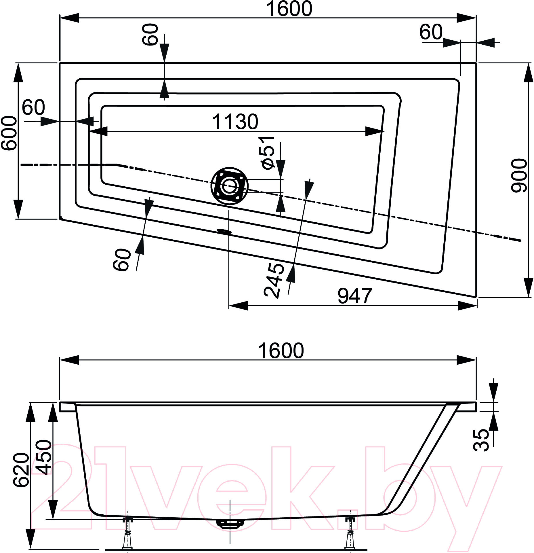 Ванна акриловая VagnerPlast Cavallo 160x90 L / VPBA169CAV3LX-04