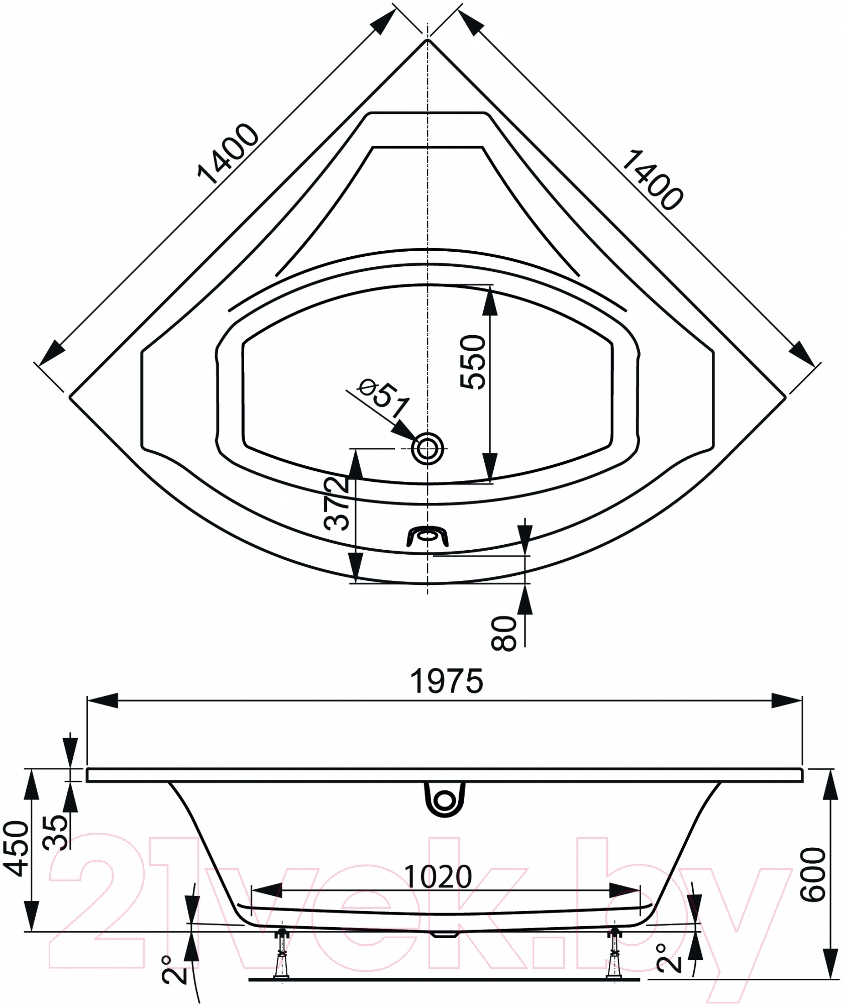 Ванна акриловая VagnerPlast Veronela 140x140 / VPBA140VEA3X-04