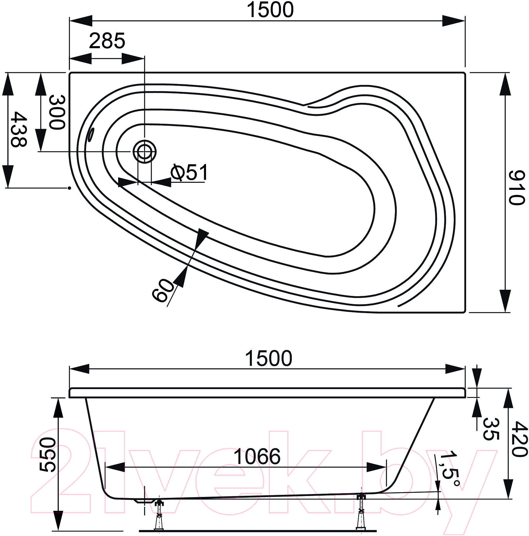 Ванна акриловая VagnerPlast Avona 150x90 R / VPBA159AVO3PX-04