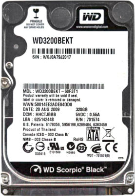 

Жесткий диск Western Digital, Scorpio Black 320GB (WD3200BEKT)