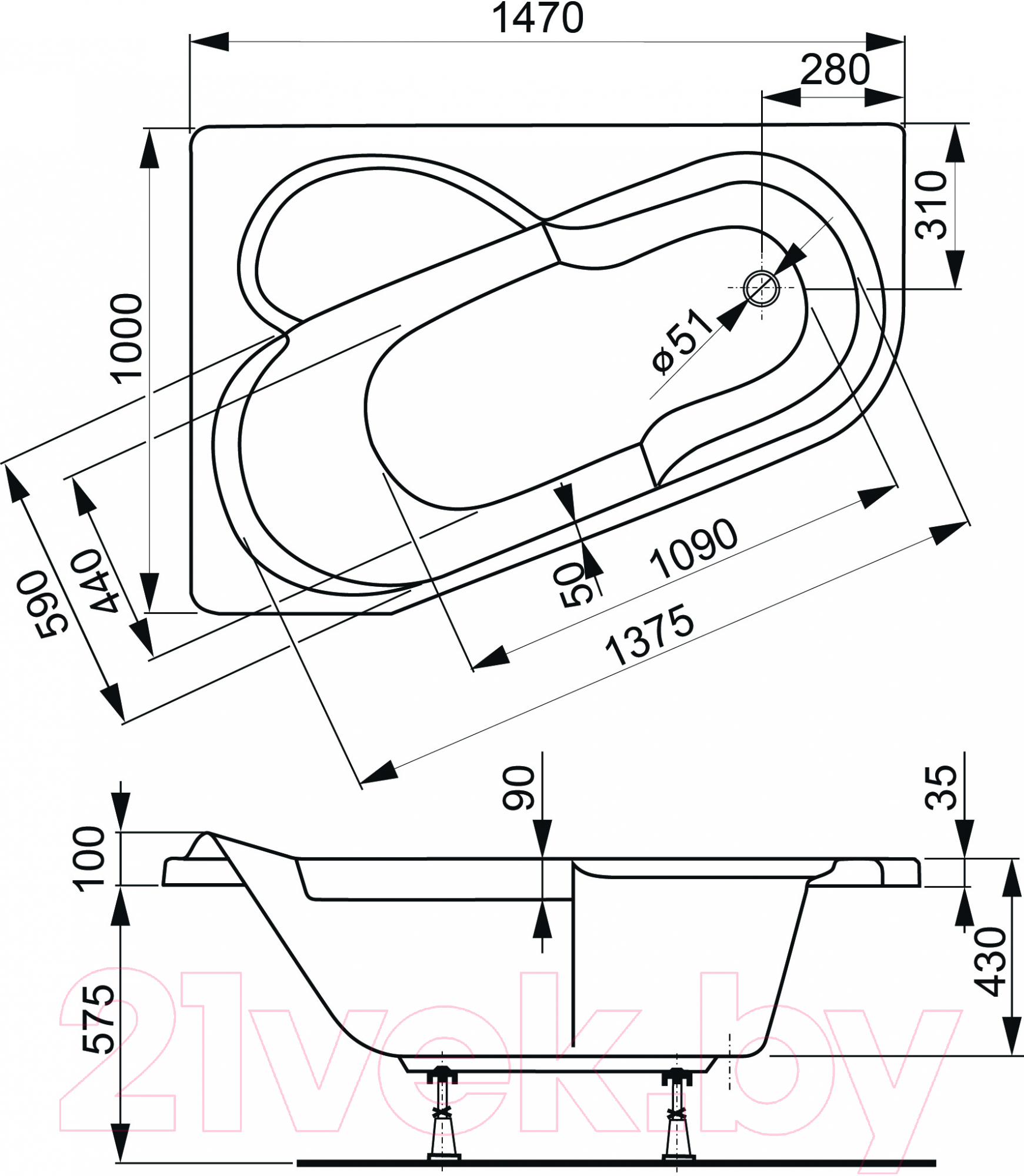 Ванна акриловая VagnerPlast Selena 147x100 L / VPBA141SEL3LE-04