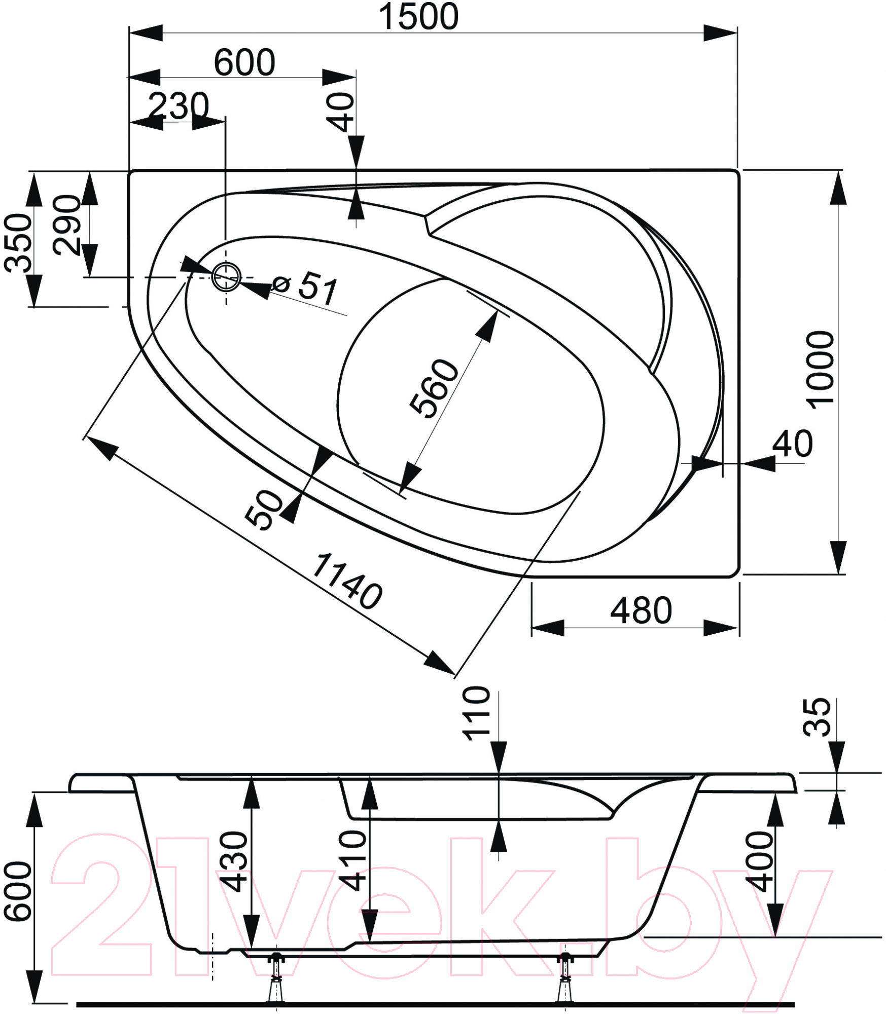 Ванна акриловая VagnerPlast Flora 150x100 R / VPBA151FLA3PX-04