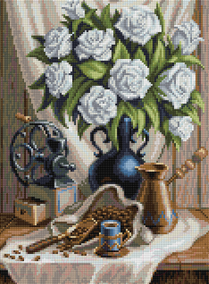 Набор алмазной вышивки Алмазная живопись Белые розы и черный кофе / АЖ-1657