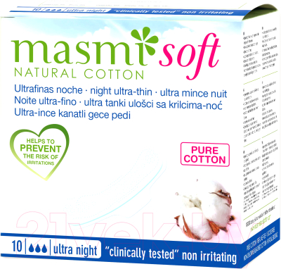 Прокладки гигиенические Masmi Natural Cotton Soft ультратонкие из натурального хлопка ночные (10шт)