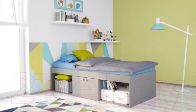 Односпальная кровать Polini Kids Simple 3000 Н с нишами (серый)