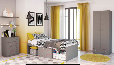 Односпальная кровать Polini Kids Simple 3100 Н с 4 ящиками (серый)