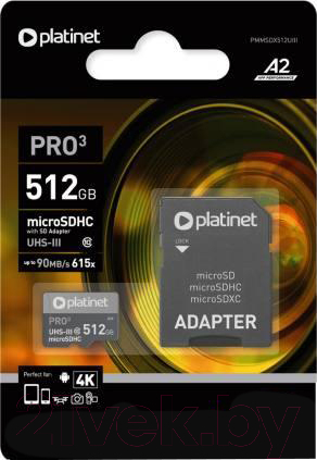 Карта памяти Platinet Pro 3 microSDXC 512GB (Class10) A2 / PMMSDX512UIII (с адаптером)