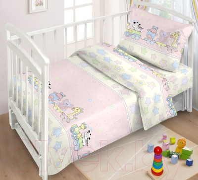 Комплект постельный для малышей Fun Ecotex Веселый паровозик / FE 10055 (3пр, розовый)