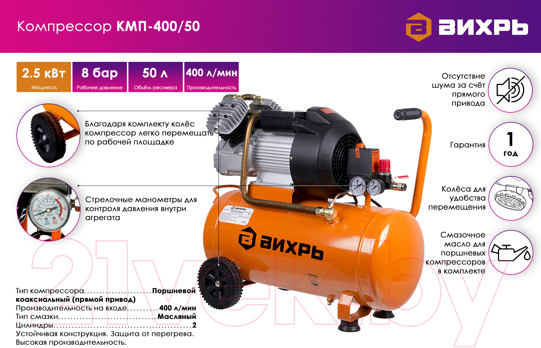 Воздушный компрессор Вихрь КМП-400/50 (74/3/6)